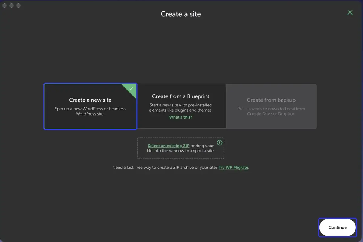 מסך Create a site בתוכנת Local, עם האפשרות Create a new site מסומנת
