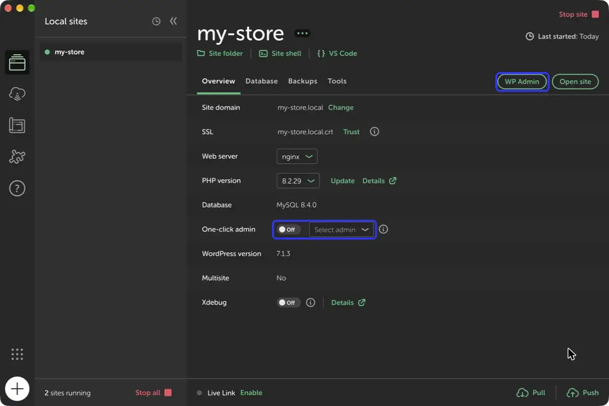 מסך האתר המוכן בתוכנת Local עם הכפתור WP Admin והאפשרות One-click admin מסומנים